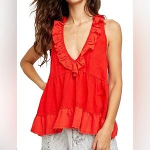 Free People Red Ruffled Low Cut Tank Top